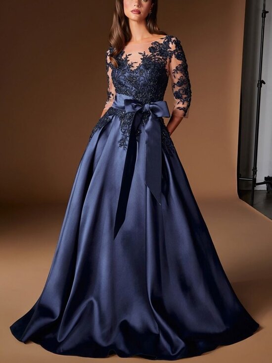 569 Dresses & Skirts - NAVY BLUE FORMAL MOTHER OF THE BRIDE DRESS WITH SLEEVES. NEW LONG LACE MIKADO